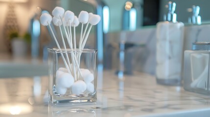 White cotton swabs in a glass container on the edge of a bathroom vanity