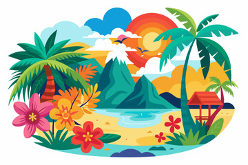 Fototapeta premium Tropical Island Paradise with Palm Trees and Sunset