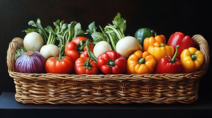 Vibrant vegetables in a woven basket, rich in vitamins