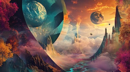 A dynamic surreal landscape with geometric designs, vivid colors, and abstract forms, creating a visually engaging and dreamlike scene.