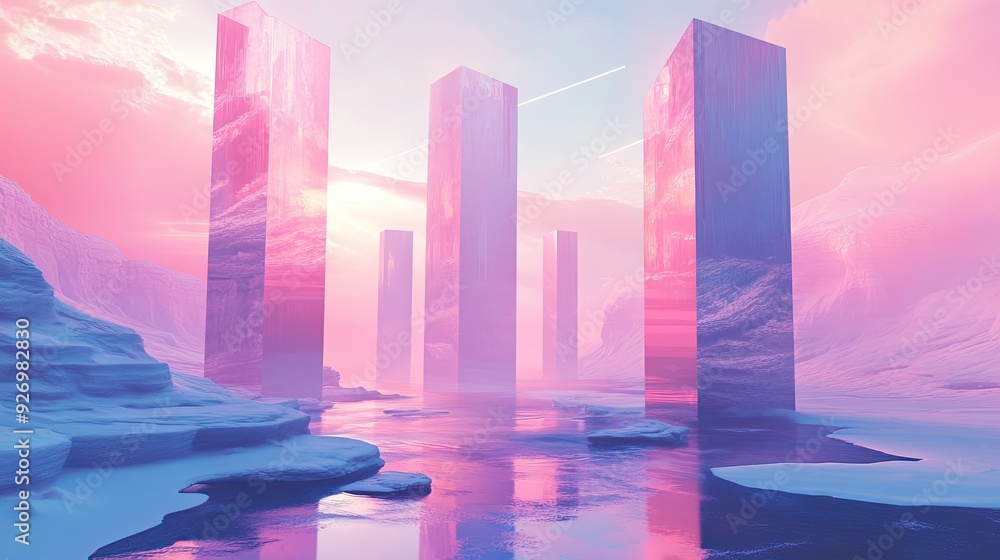 Poster a hyperdimensional, minimalistic landscape with surreal floating elements and clean, sharp lines, cr