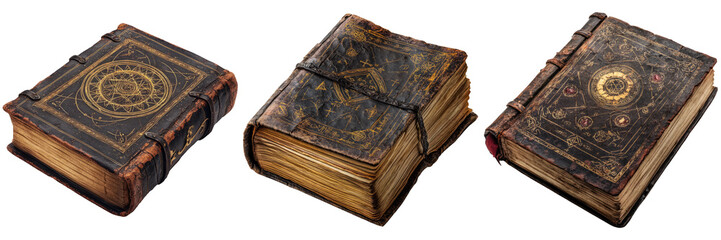 Three antique leather-bound books isolated on transparent background