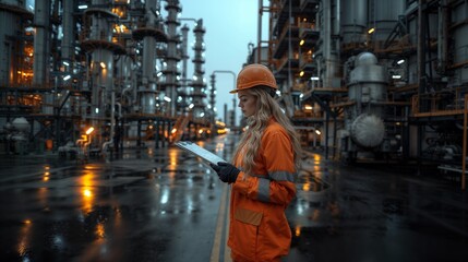 Industrial Engineer Inspecting a Chemical Plant at Dusk