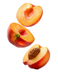 falling peaches sliced fly on air without background