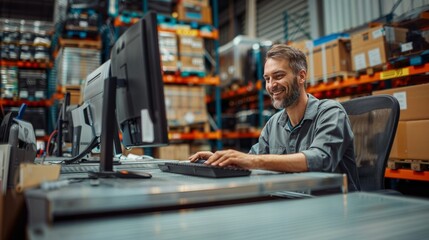 technician using his computer at a desk in a warehouse