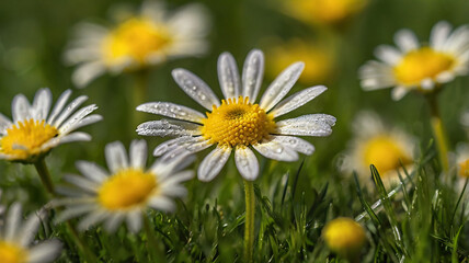 A tiny yellow daisy surrounded by soft, lush grass. The zoomed view highlights the flower's texture and the fine details of the pollen.