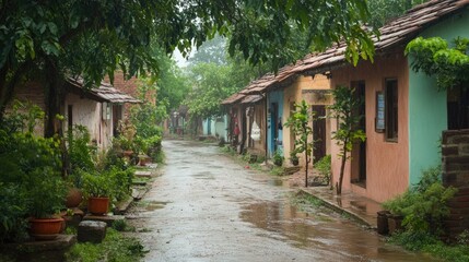 A peaceful village street in Garvajodh, India, with traditional mud houses and greenery, capturing the serene atmosphere of rural life in this Indian village.