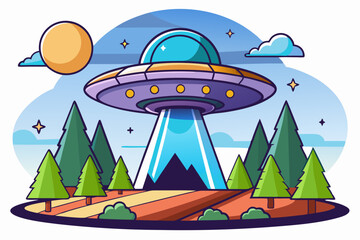 A Cartoon UFO Hovering Over a Forest Clearing at Night