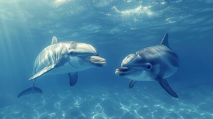 Naklejka premium Tranquil Coexistence: Dolphin and Shark Swimming Together in Surreal Clear Ocean Waters | Space for Text on the Right