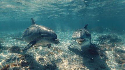 Obraz premium Harmony of the Seas: Dolphin and Shark Swimming Together in Surreal Ocean Scene