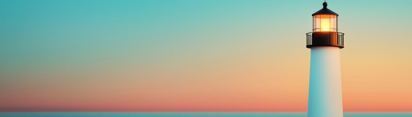 A serene lighthouse stands against a colorful sunset, guiding sailors with its warm light and symbolizing hope and safety.