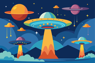 Obraz premium Flying Saucers and Planets in the Night Sky