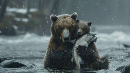 Unlikely Friendship - Surreal Image of Bear and Salmon Sitting Together on Riverbank with Blank Space for Text