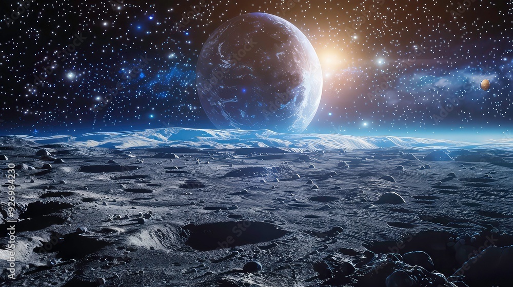 Poster a view of earth and another planet from the surface of the moon. the moon's surface is covered in cr
