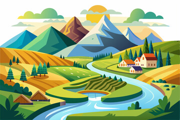 A Picturesque Mountain Village with a Winding River