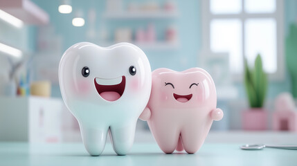 Cute Cartoon Teeth Characters Smiling Together in Dental Clinic