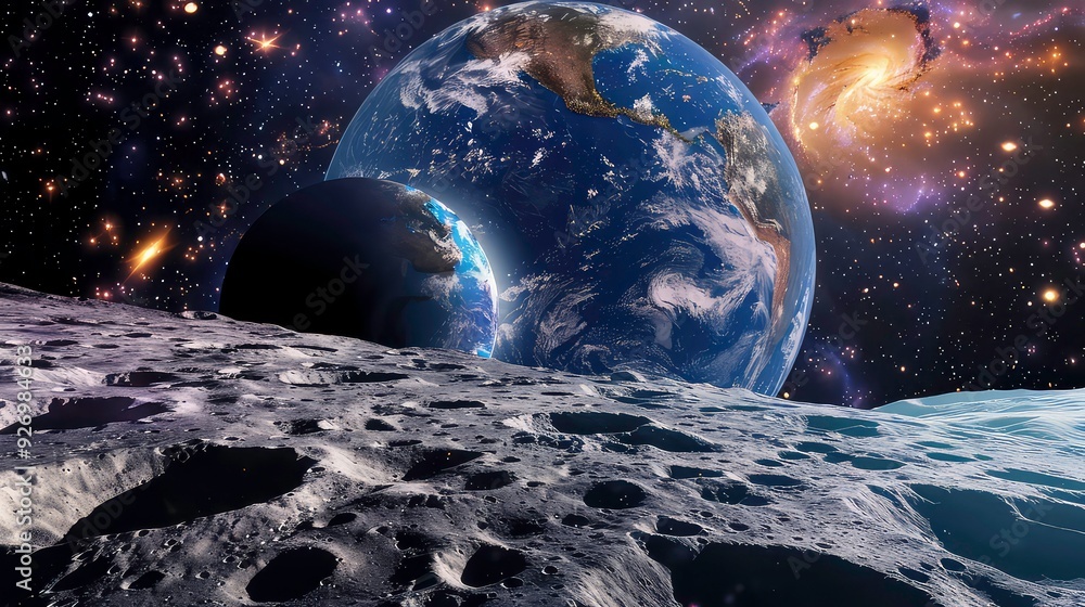 Poster a view of earth and another planet from the surface of the moon. the moon's surface is covered in cr