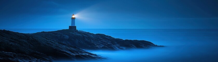 A serene lighthouse stands strong against the evening mist, guiding ships safely through the tranquil blue waters. © Chanoknan