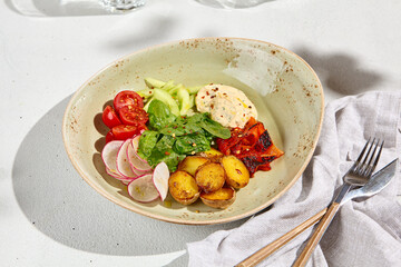 Fresh Salad Bowl with Roasted Potatoes, Fresh Vegetables, and Ranch Dressing