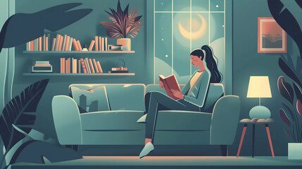 Happy young woman sitting on sofa and reading book in the evening in cozy hyyge living room.