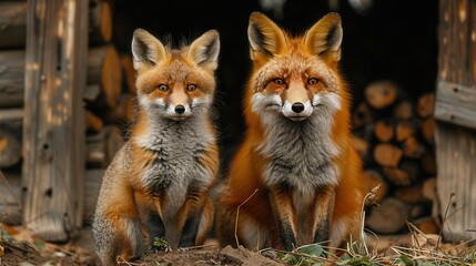 Obraz premium Harmony in the Farmyard - Fox and Chicken Posing Together with Copy Space Above for Text