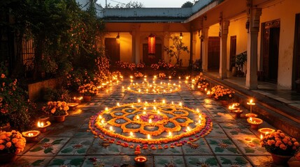 Obraz premium A stunning view of a courtyard decorated for Diwali, with diyas, vibrant rangoli designs, and strings of marigold flowers, evoking the festive spirit of the festival.