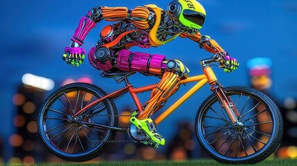 Fototapeta premium Colorful humanoid robot riding a bicycle at night with a cityscape background, showcasing advanced technology and vibrant design.