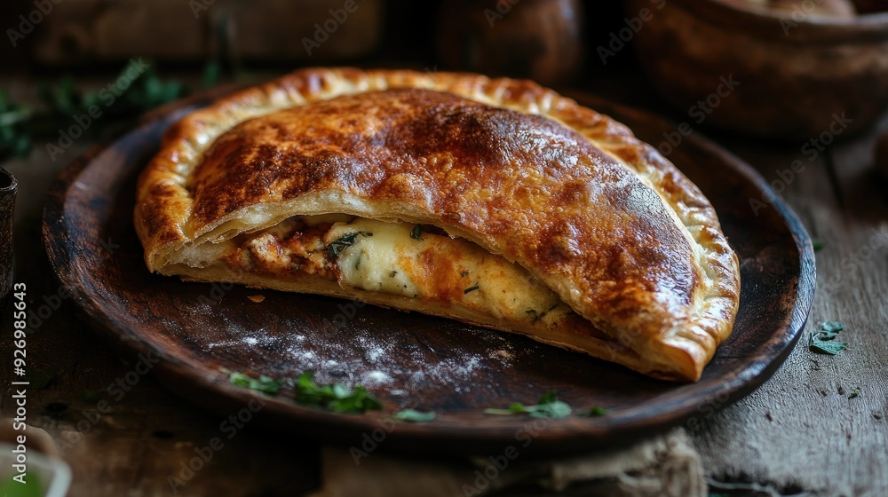 Poster A tempting view of a freshly baked calzone with a golden crust, sitting on a rustic plate, showcasing the perfect blend of crispy exterior and savory filling.