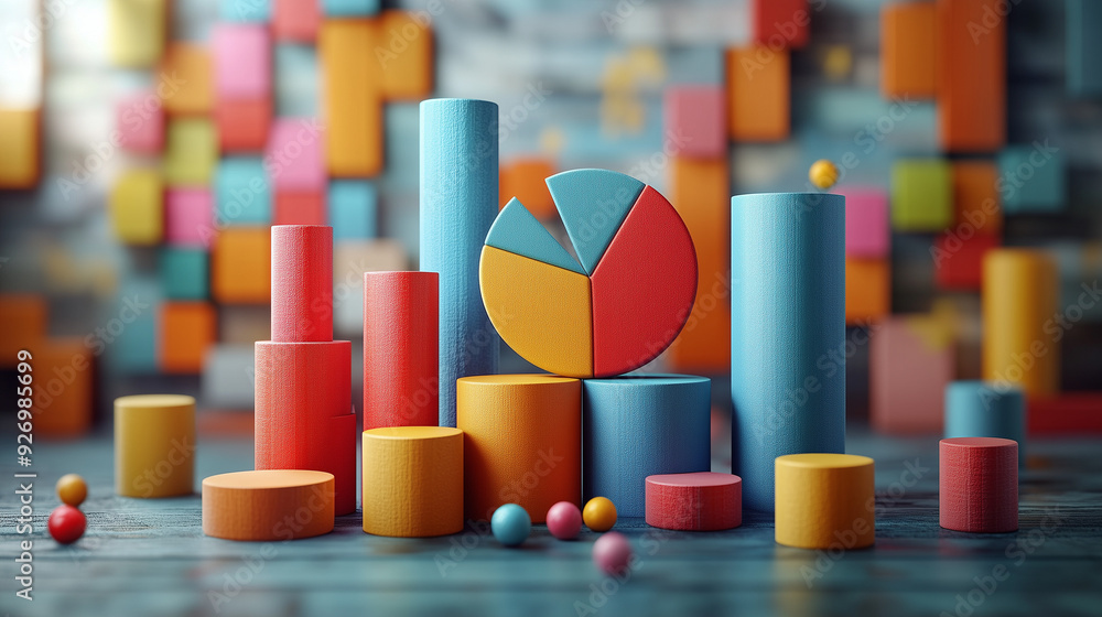 Poster colorful data visualization: a vibrant and playful 3d representation of data, featuring colorful pie