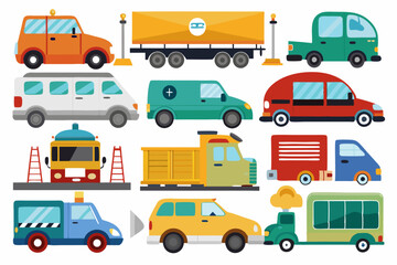 Collection of Cartoon Vehicles with Various Colors and Purposes