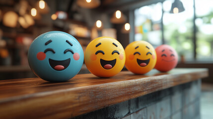 Smiling Emojis on a Counter: A row of vibrant, smiling emojis perch on a wooden counter, radiating positivity and good vibes.