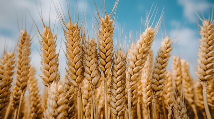 Golden wheat field under a bright blue sky.