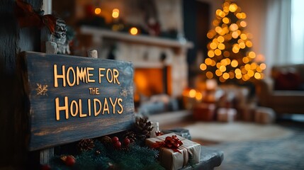 A sign that reads &ldquo;HOME FOR THE HOLIDAYS&rdquo; in a Christmas living room - festive home decorated for the holidays - Christmas 
