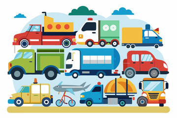 Colorful Vehicles on a Road with Clouds and a Tree