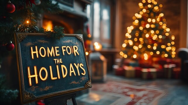 A sign that reads &ldquo;HOME FOR THE HOLIDAYS&rdquo; in a Christmas living room - festive home decorated for the holidays - Christmas 