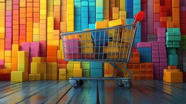 Shopping Spree Spectrum: A miniature shopping cart overflows with colorful blocks against a vibrant, pixelated backdrop, embodying the excitement of consumerism and the allure of a diverse marketplace