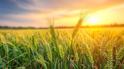 Obraz premium Golden wheat field at sunset, showcasing lush green crops and warm light.