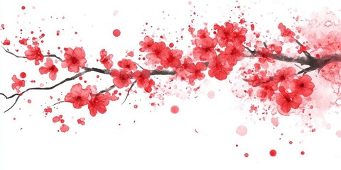 cherry blossom, red ink splatter painting on a white background