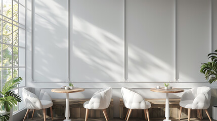 A minimalist cafe interior with white chairs and tables set against a white wall. Sunlight streams in through the large window, casting shadows on the wall.