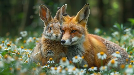 Fototapeta premium Harmony in Nature - Rabbit and Fox in Meadow | Space for Text Below