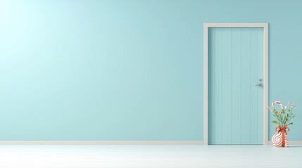 Fototapeta premium Minimalist Interior with Light Blue Door and Decorative Vase in Modern Living Space
