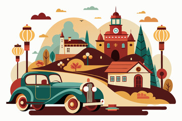 Obraz premium Vintage car parked in front of a picturesque town