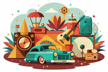 A Retro Illustration of a Classic Car with Vintage Objects Surrounding It