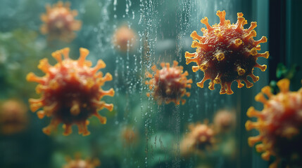 Viral Storm: Microscopic view of menacing coronavirus particles, a chilling reminder of the ongoing pandemic. 