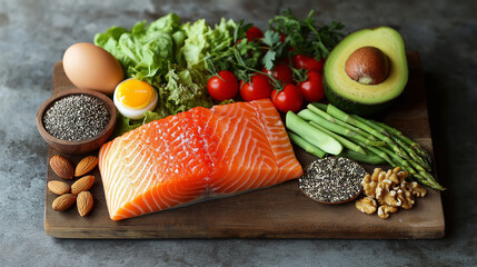 Image showing a variety of fresh healthy foods such as salmon, vegetables, eggs, nuts and seeds, beautifully arranged on a wooden board.