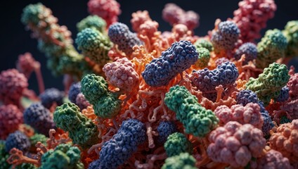 Fototapeta premium A large number of colorful virus particles. They are spherical in shape with small protrusions around them, which are probably proteins used to attach to living cells.