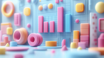 Pastel Data Visualization: A whimsical and playful take on data analysis, with colorful 3D shapes and geometric patterns forming a vibrant, abstract chart on a pastel blue background.  