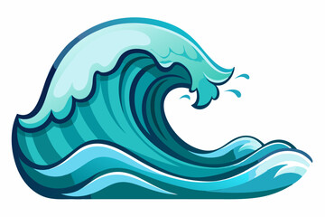 Cartoon illustration of a large blue ocean wave breaking