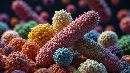 A large number of virus particles. They are red spheres with small protrusions around them and water droplets on the surface.