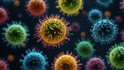 Obraz premium A large number of virus particles. They are red spheres with small protrusions around them and water droplets on the surface.